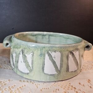 Vintage Pottery Drip Glaze Green And White Art Deco Oval Casserole Signed